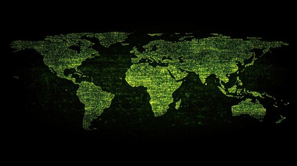 Poster - Green digital world map on black background.