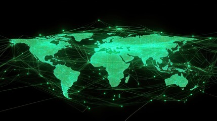 Aufkleber - Green glowing world map with network connections on black background.
