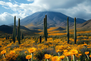 Canvas Print - Desert landscape with blooming yellow flowers, tall cacti, and a majestic volcano under a partly cloudy sky.