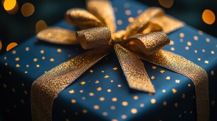 A beautifully wrapped gift box with a shiny gold bow and festive background lights.