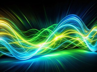 Poster - Abstract Green Blue Wave Light, Neon Motion, Glowing Wavy Lines, Yellow Sparks, Black Background Panoramic