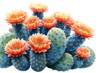 Canvas Print - Cluster of prickly pear cacti with vibrant orange blossoms isolated on white.