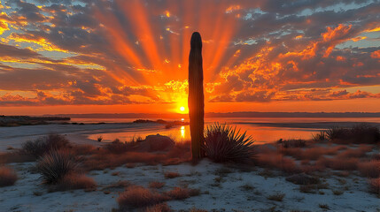 Wall Mural - Dramatic sunset over desert landscape with tall cactus silhouetted against vibrant sky.