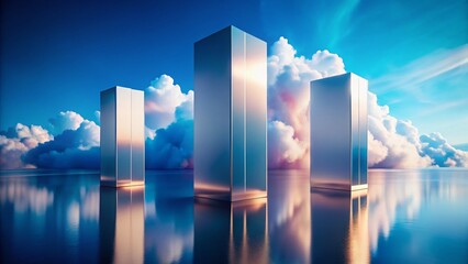 Poster - Abstract Minimalist Blue Background with Mirrored Shapes and Clouds - Long Exposure 3D Render