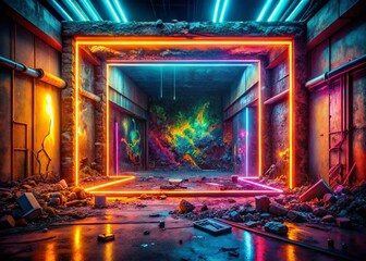 Poster - Abstract Neon Frame Glowing Futuristic Background Urban Exploration Stock Photo