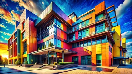 Poster - Abstract Painted Architectural Portrait: Modern Building Facade with Artistic Detail