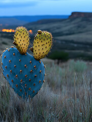 Canvas Print - Close-up of a prickly pear cactus at sunset with a desert landscape in the background.