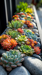 Canvas Print - Colorful succulents planted in a modern garden bed with grey stones.