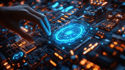Aufkleber - Hand interacts with futuristic glowing circuit board, advanced technology.