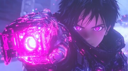 Aufkleber - A character aiming a futuristic weapon with glowing purple accents in a sci-fi setting.