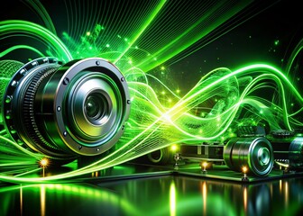 Poster - Abstract Tech Background: Fluorescent Green Light Effects, Luminous Waves & Particles