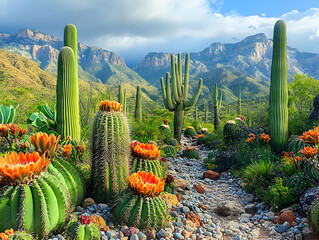 Canvas Print - Desert landscape with blooming cacti and mountains.