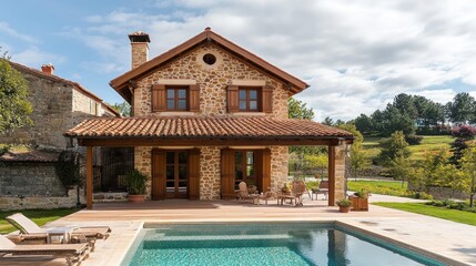 Aufkleber - A charming stone house with a pool, surrounded by greenery and a scenic landscape.