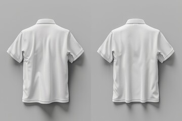 Two blank white polo shirts, back view, on grey background.