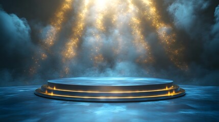 Poster - Illuminated Circular Platform Amidst Smoky Golden Lights