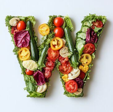The letter W made of food and vegetables on a white background