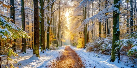 Wall Mural - First Snowfall on Forest Trail - Winter Wonderland Scene Stock Photo