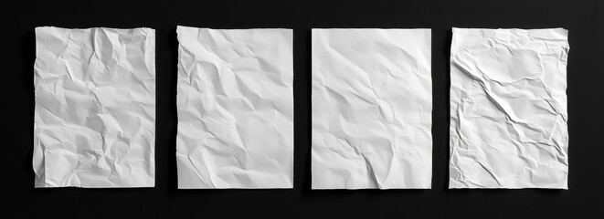 four crumpled white paper sheets on black background. (7)