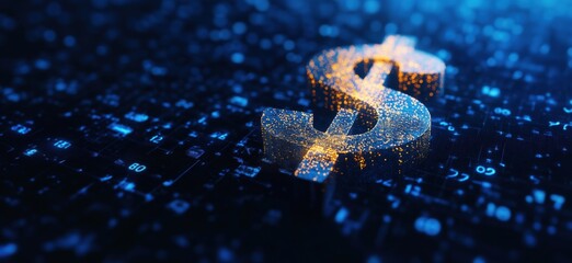 Poster - Digital Dollar Sign Glowing in Data Matrix Background, Symbolizing Cryptocurrency and Financial Technology Innovations, copy space for text