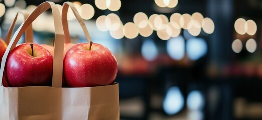 Poster - Fresh red apples in paper bag against blurred background with warm bokeh lights, showcasing healthy lifestyle and grocery shopping, copy space for text