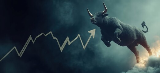 Poster - Bull Market Symbolism with Leaping Bull and Upward Trend Graph Representing Financial Growth and Investment Success, copy space for text