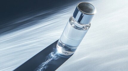 Poster - A clear glass bottle filled with liquid, casting a shadow on a textured surface.