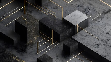 Poster - Abstract Black Gold Cubes Geometric Design