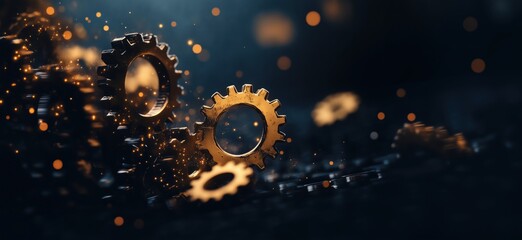 Poster - Golden gears with glowing sparks in dark background, representing machinery, engineering, and innovation, copy space for text