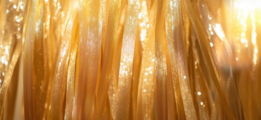 Poster - Golden shimmering ribbons creating a vibrant, festive atmosphere with sparkling highlights and soft textures, copy space for text