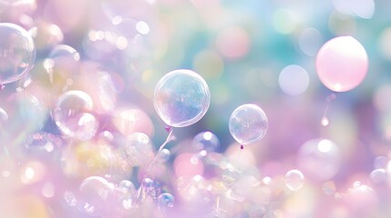 Poster - A soft-focus background of pastel-colored balloons floating in the breeze, creating a festive and whimsical atmosphere.