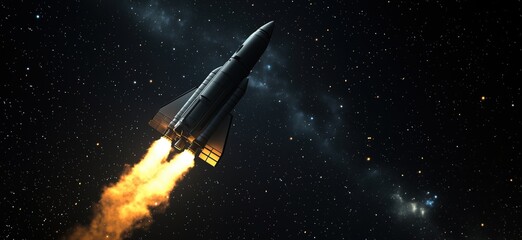 Poster - Rocket Launching into Space with Fiery Exhaust and Starry Background, copy space for text