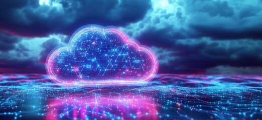Poster - Digital cloud computing concept with vibrant neon colors, glowing data connections, and abstract network patterns against a dramatic sky, copy space for text