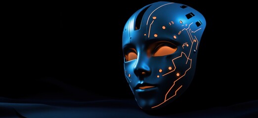 Poster - Futuristic robotic mask with glowing circuitry design, showcasing advanced technology and artificial intelligence aesthetics, copy space for text
