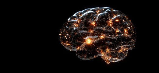 Poster - Illuminated Brain Model with Glowing Neural Connections and Abstract Design, Representing Intelligence and Neural Activity, copy space for text