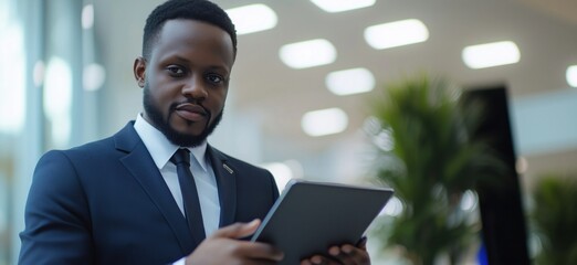 Poster - Professional African businessman using tablet in modern office environment, showcasing confidence and technology integration, copy space for text