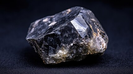 Poster - A close-up of a black mineral rock with shiny facets on a dark background.