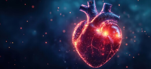Poster - Glowing Heart Illustration with Neon Effects and Abstract Background, Symbolizing Life and Vitality, copy space for text