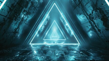 Poster - 3d rendering of dark abstract sci-fi tunnel, Futuristic triangle spaceship corridor