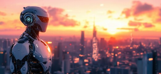 Poster - Futuristic robot overlooking city skyline at sunset, showcasing advanced technology and urban landscape, copy space for text