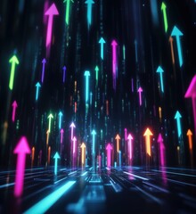 Poster - Colorful neon arrows representing growth and progress in a digital landscape with vibrant lights and futuristic elements, copy space for text