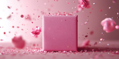 Wall Mural - pink gift box on pink background , minimal style. ai generated