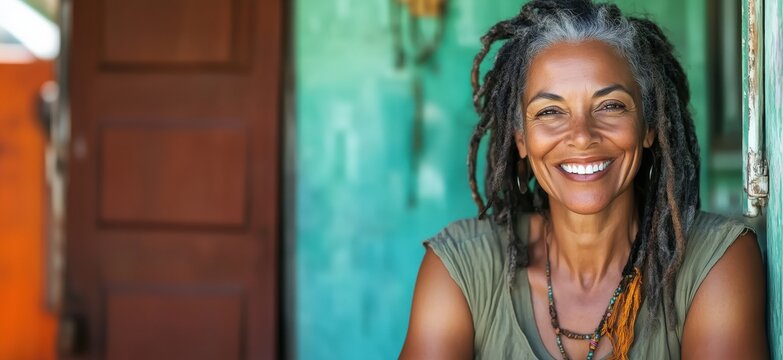 Smiling woman with dreadlocks showcasing natural beauty and confidence in vibrant setting, exuding warmth and positivity, copy space for text