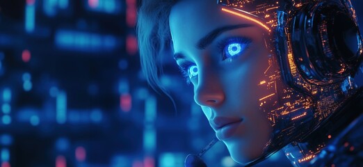 Poster - Futuristic cybernetic woman with glowing blue eyes and digital circuitry, showcasing advanced technology and artificial intelligence in a neon-lit environment, copy space for text