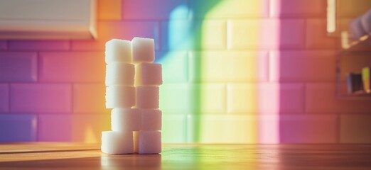 Poster - Stacked sugar cubes creating a minimalist aesthetic against a vibrant rainbow backdrop in a kitchen setting, copy space for text
