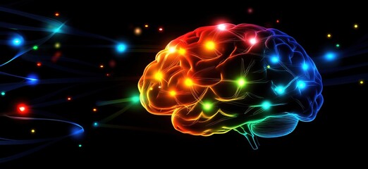 Poster - Colorful glowing brain illustration with vibrant lights and neural connections representing creativity, intelligence, and cognitive processes, copy space for text