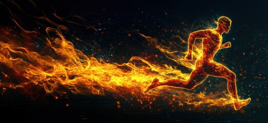 Poster - Fiery silhouette of a runner in motion, surrounded by flames and sparks, representing speed and energy, copy space for text