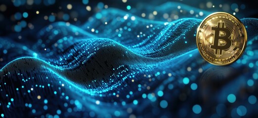 Poster - Bitcoin cryptocurrency symbol against digital wave background, representing blockchain technology and financial innovation, copy space for text