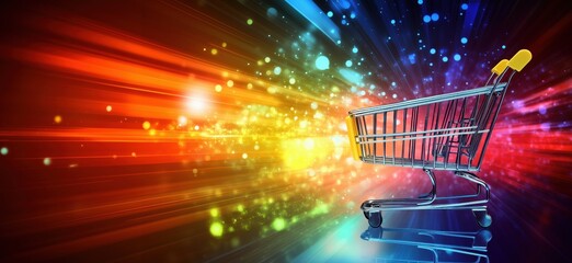 Poster - Shopping cart against vibrant colorful background with light trails and bokeh effects, symbolizing fast-paced retail experience, copy space for text