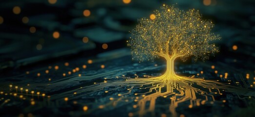 Poster - Digital tree symbolizing growth and technology, illuminated with glowing circuits and data points, representing the fusion of nature and innovation, copy space for text