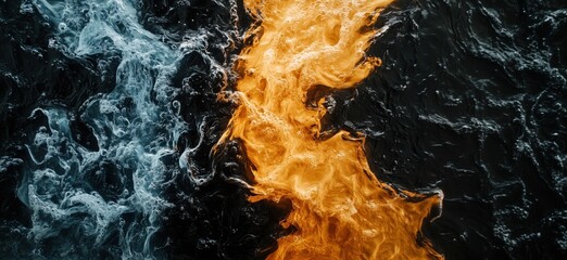 Poster - Dynamic contrast of blue and orange water textures creating a striking visual effect, showcasing the beauty of fluid motion and color interplay, copy space for text